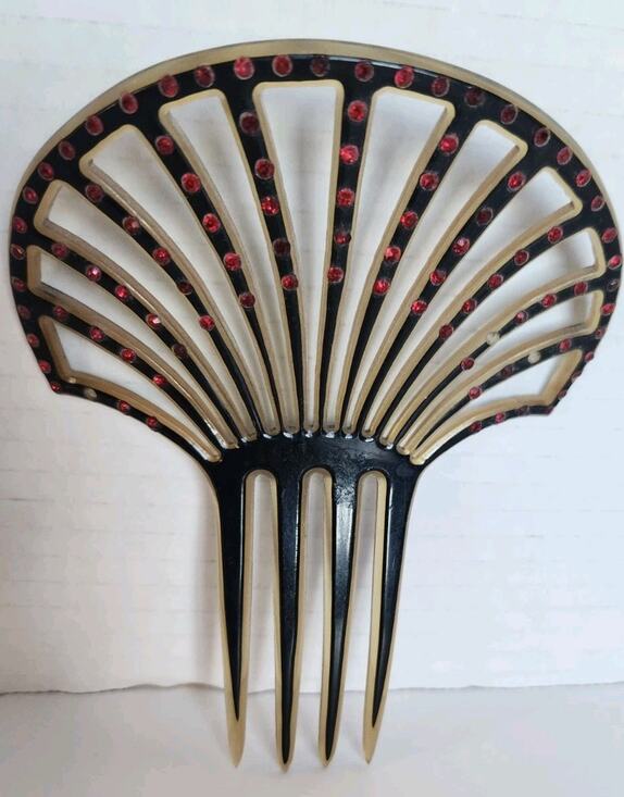 Antique 1920\'s Art Deco Celluloid Hair Fork Hair Comb Red Rhinestones main image 6
